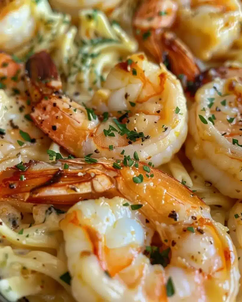Delicious shrimp casserole with noodles, garnished and ready to serve.