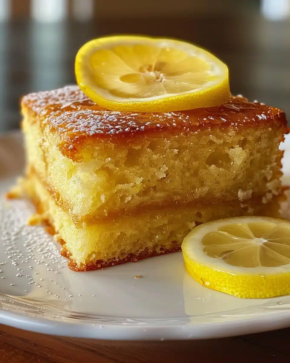 Slice of moist lemon pound cake on a white plate with lemon slices