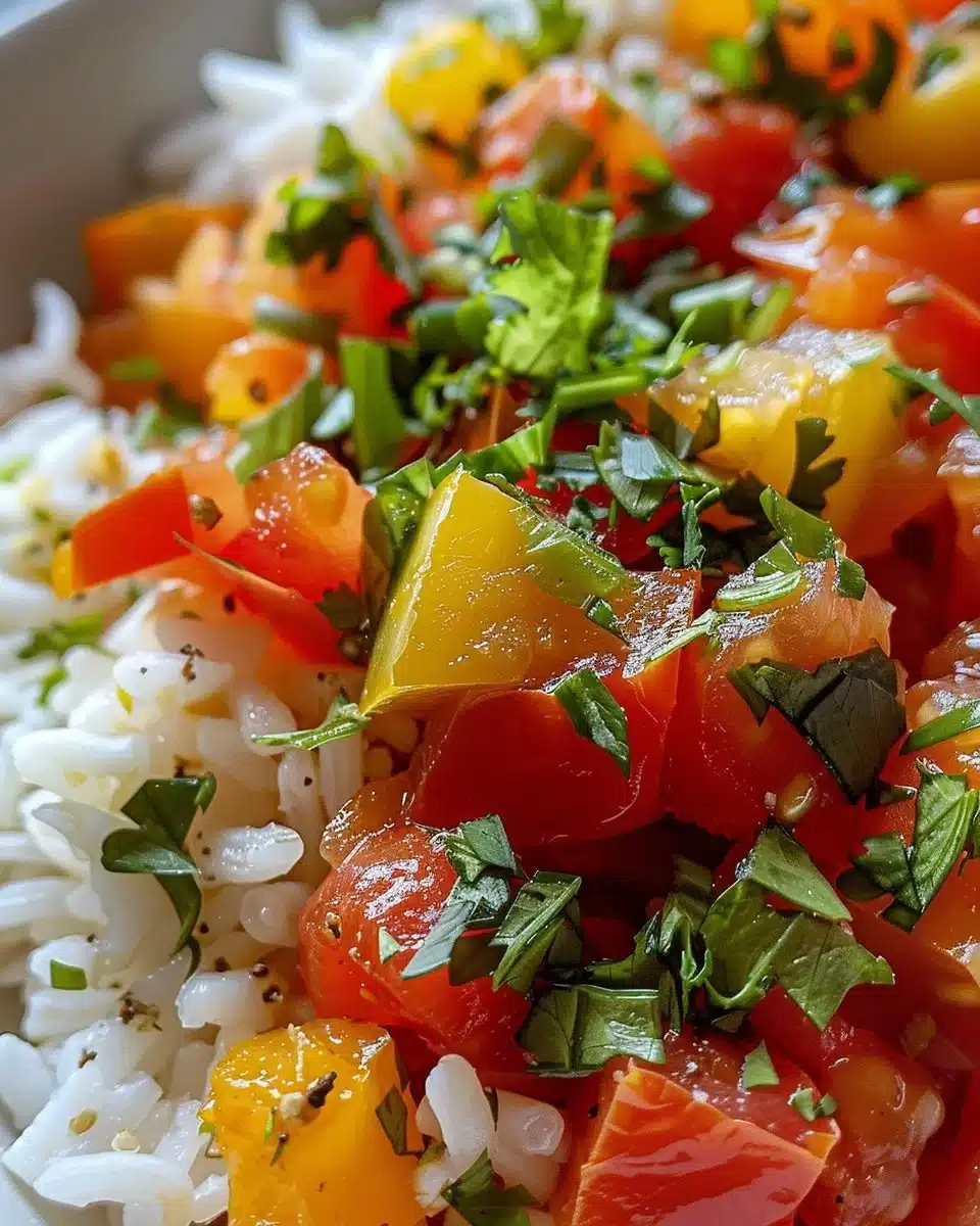 Skillet Tomato Rice dish prepared with fresh tomatoes and spices