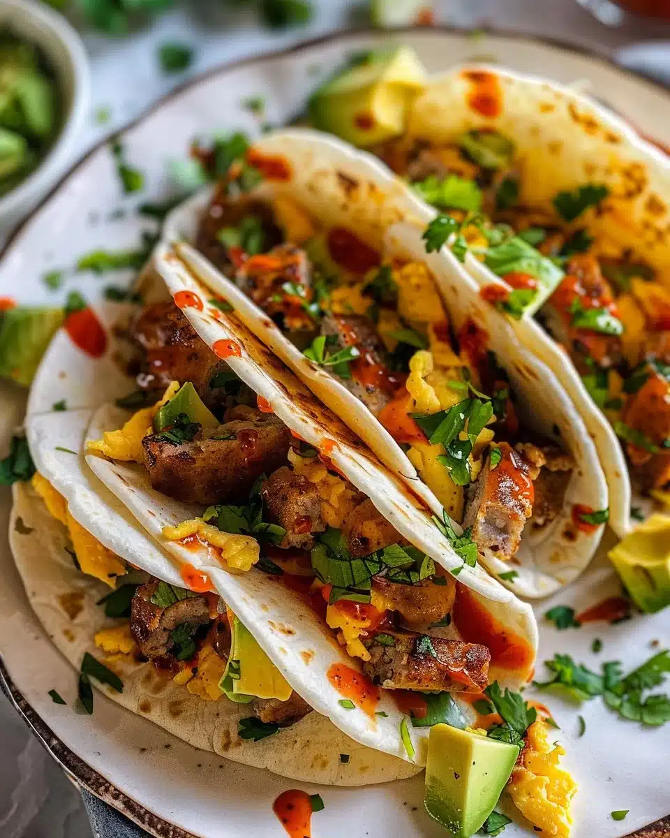 Smashed breakfast tacos filled with eggs, cheese, and salsa, served on a plate.
