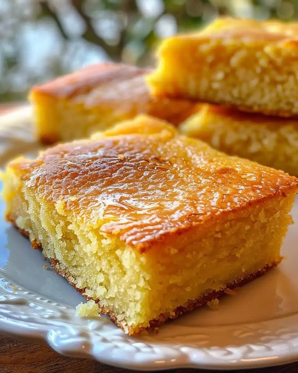 Deliciously soft and moist cornbread served in a rustic setting.
