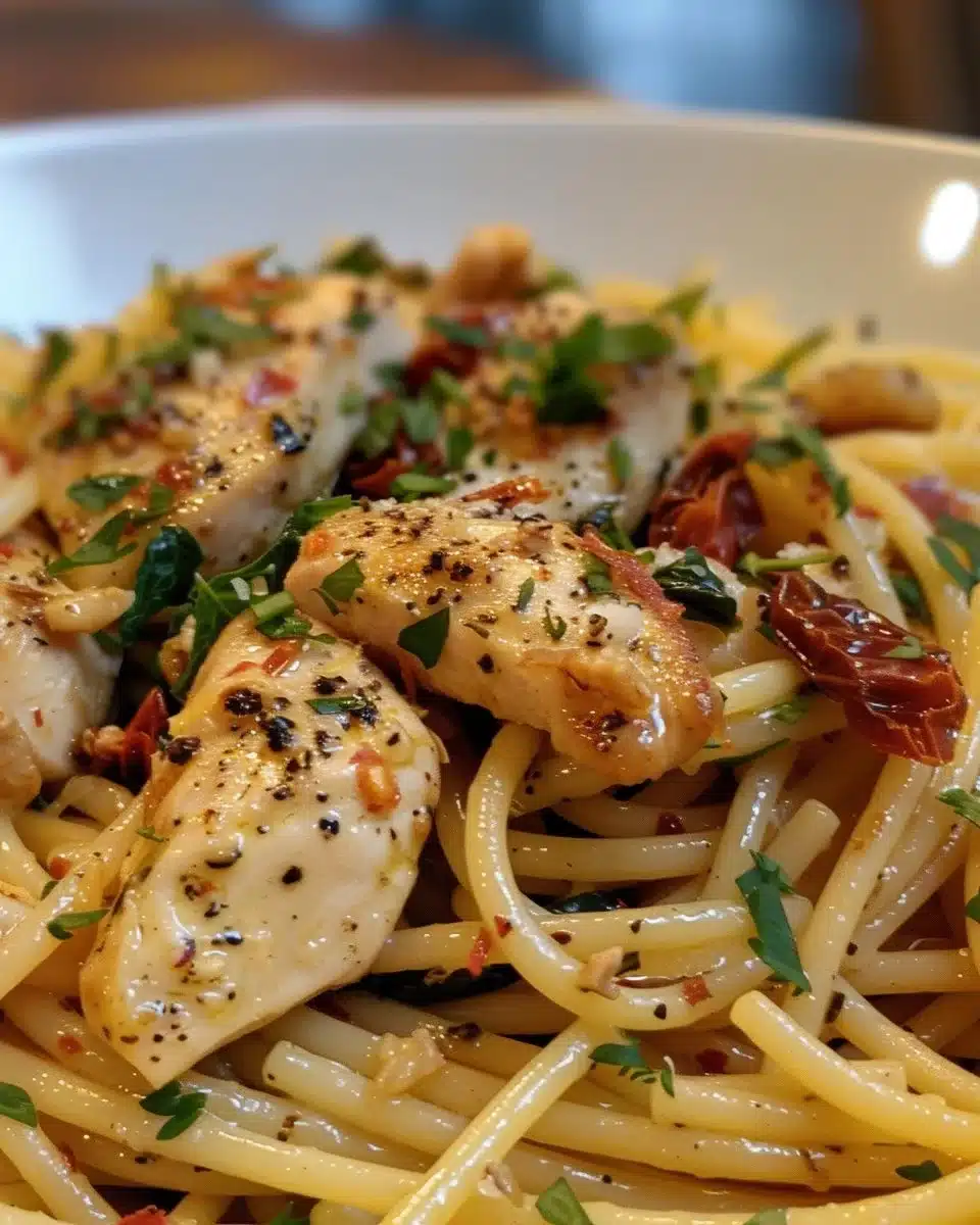 Creamy spaghetti spinach with sun-dried tomato chicken in a bowl