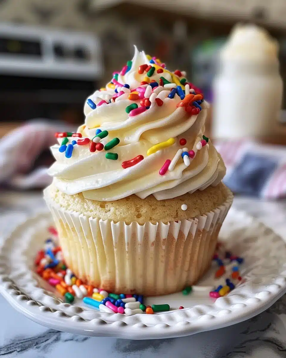 Delicious sprinkle cupcakes topped with colorful sprinkles on a white plate.