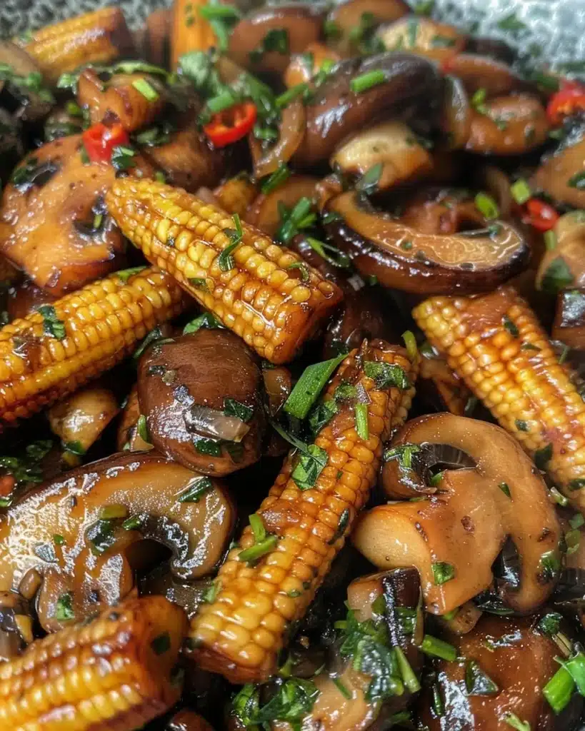 Stir-fried mushrooms with baby corn in a colorful bowl