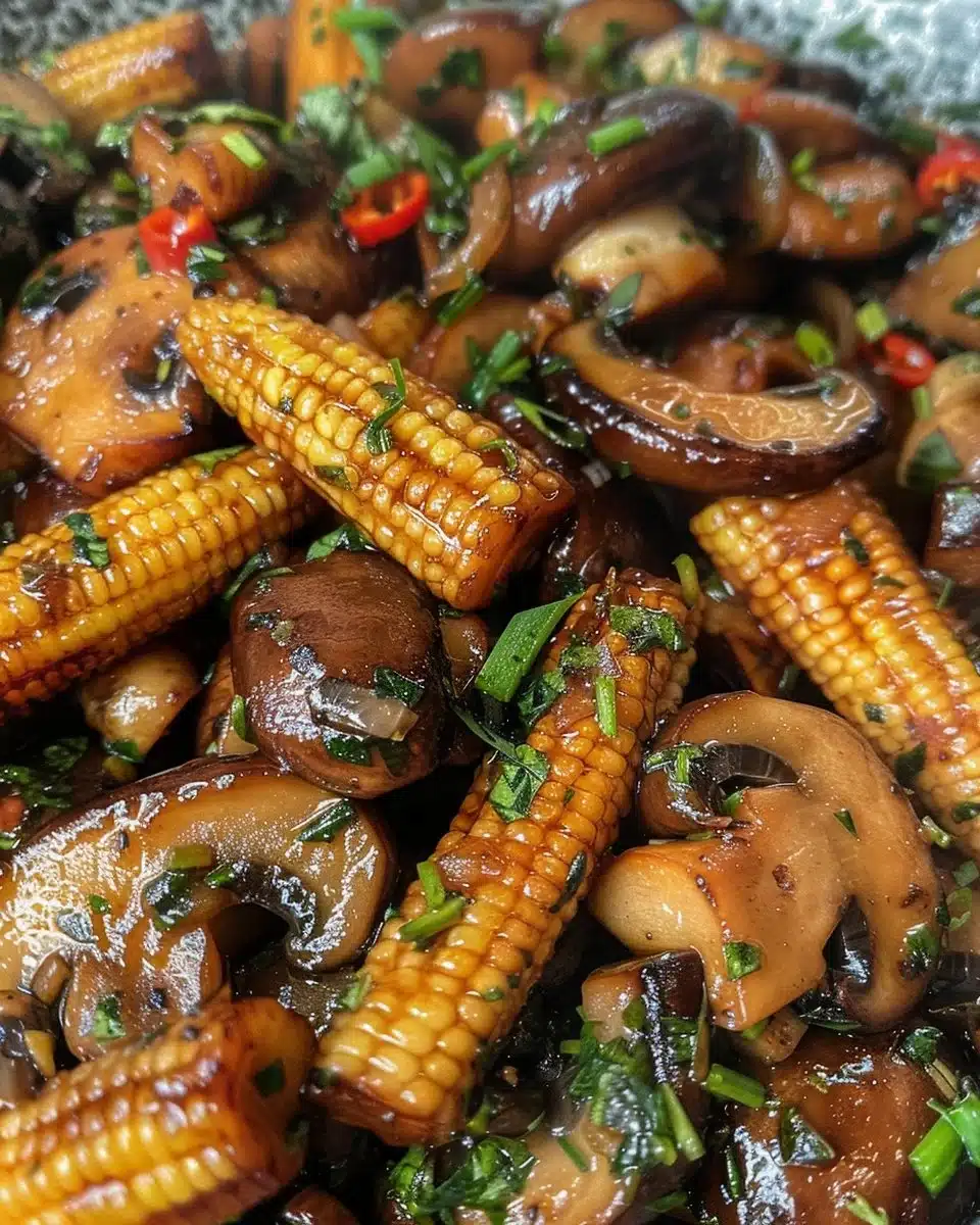 Stir-fried mushrooms with baby corn in a colorful bowl