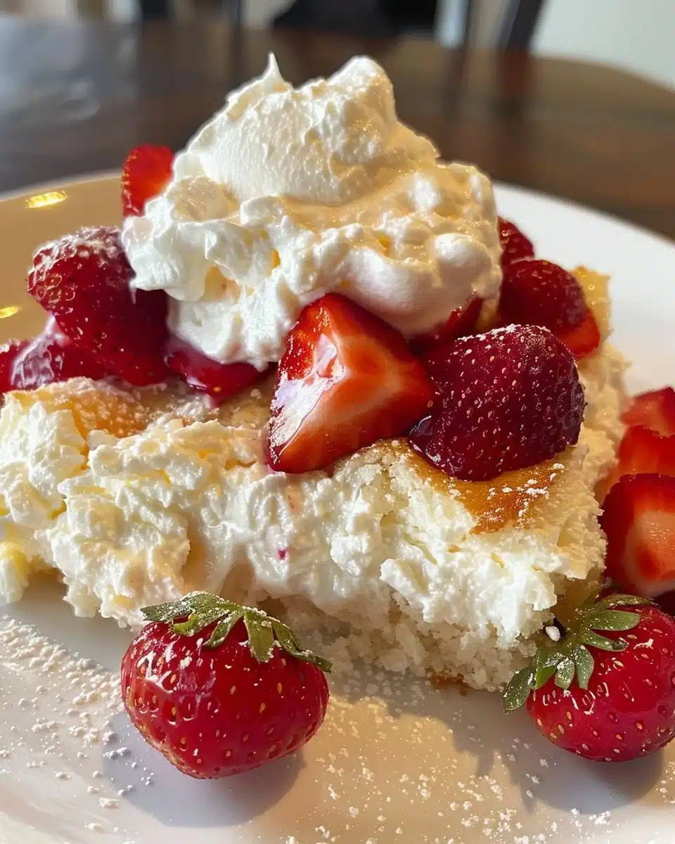 Delicious homemade Strawberry Cake Roll with fresh strawberries and whipped cream.