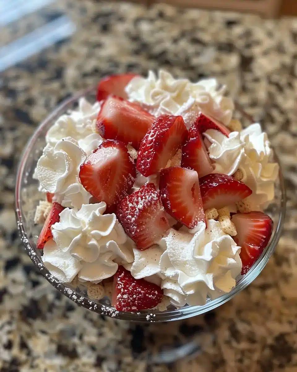 Delicious Strawberry Shortcake Pudding topped with fresh strawberries