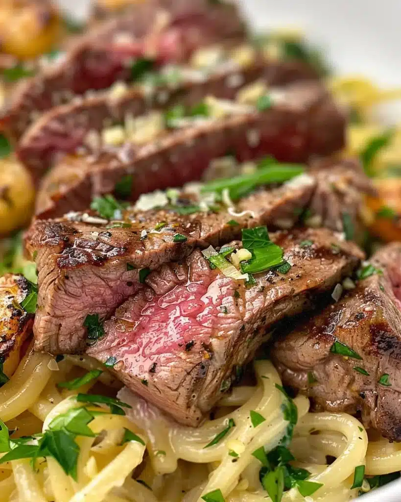 Surf & Turf Garlic Noodles with seafood and meat garnished with herbs