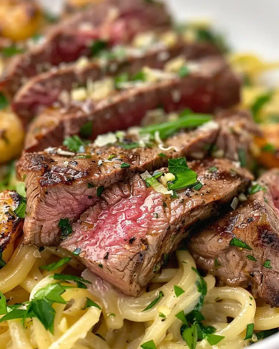 Surf & Turf Garlic Noodles with seafood and meat garnished with herbs