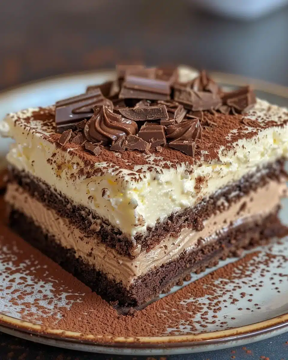 Triple Chocolate Tiramisu dessert with layers of chocolate and creamy mascarpone