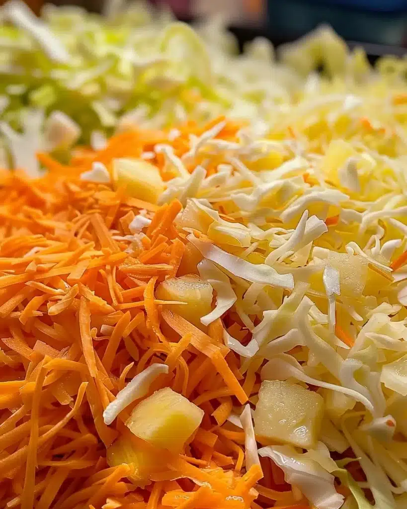 Tropical Pineapple Coleslaw with vibrant veggies and sweet pineapple in a bowl.