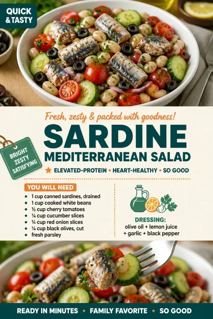 Mediterranean sardine salad with fresh vegetables and herbs