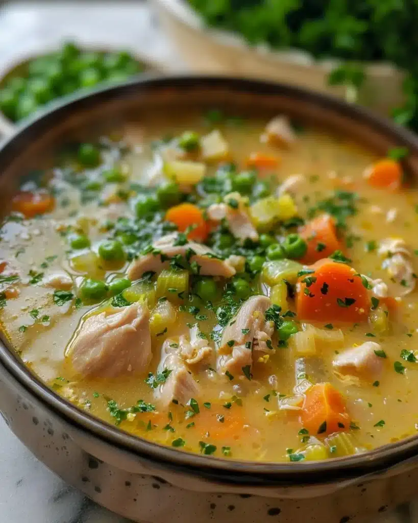 A bowl of anti-inflammatory turmeric chicken soup with fresh herbs and spices.