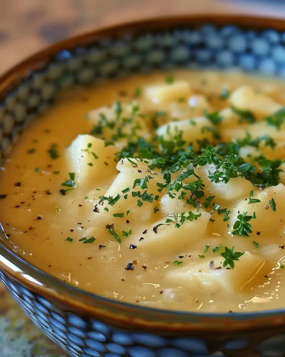 Bowl of creamy Apple and Cheese Soup garnished with fresh herbs