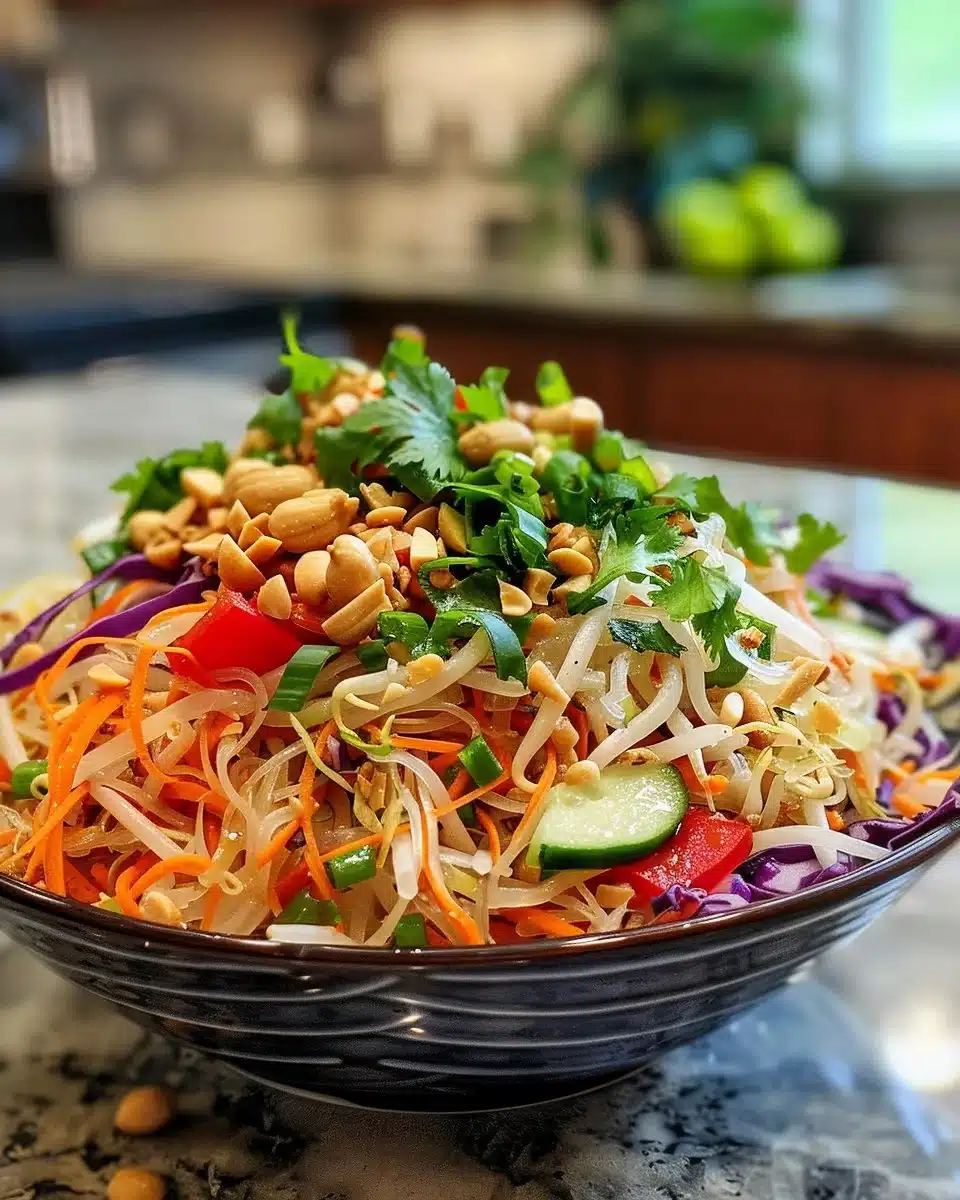 Bowl of Asian noodle salad with vibrant vegetables and peanut dressing