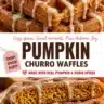 Autumn Spice Pumpkin-Churro Waffle Stack topped with whipped cream and cinnamon sugar.