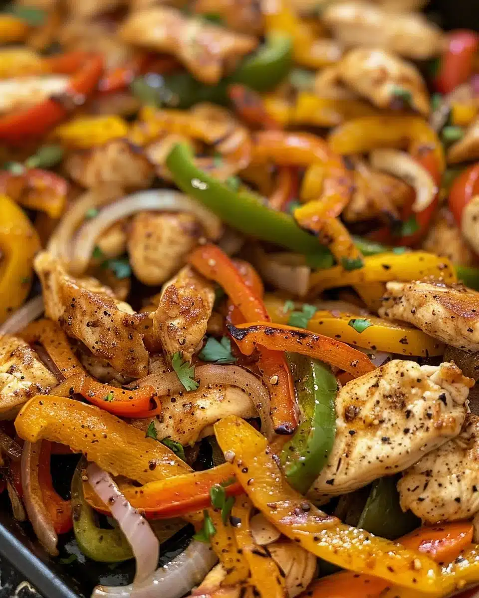 Baked chicken fajitas served with colorful peppers and onions