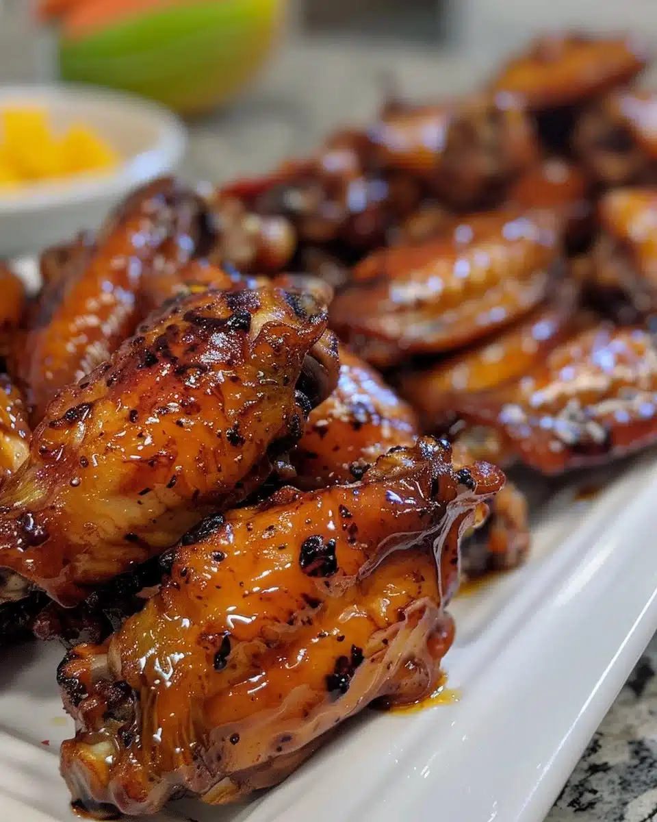 Baked mango habanero chicken wings served on a platter