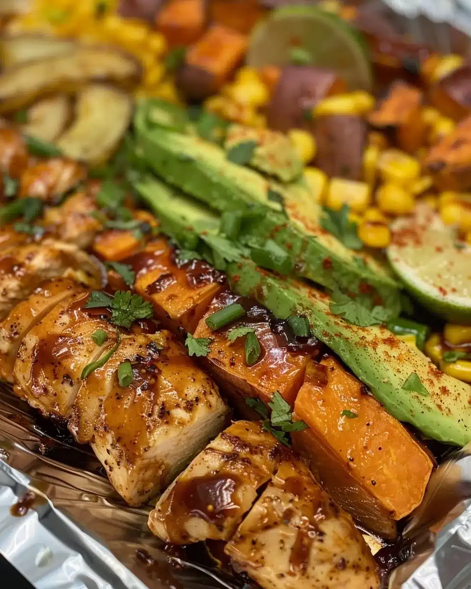 Delicious barbecue chicken served in a bowl with sweet potatoes and vegetables