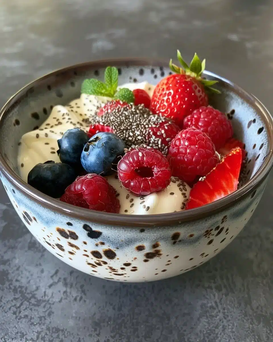 Berry chia yogurt parfait with fresh berries and chia seeds