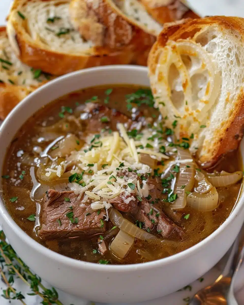 Delicious bowl of French Onion Soup topped with melted cheese and herbs