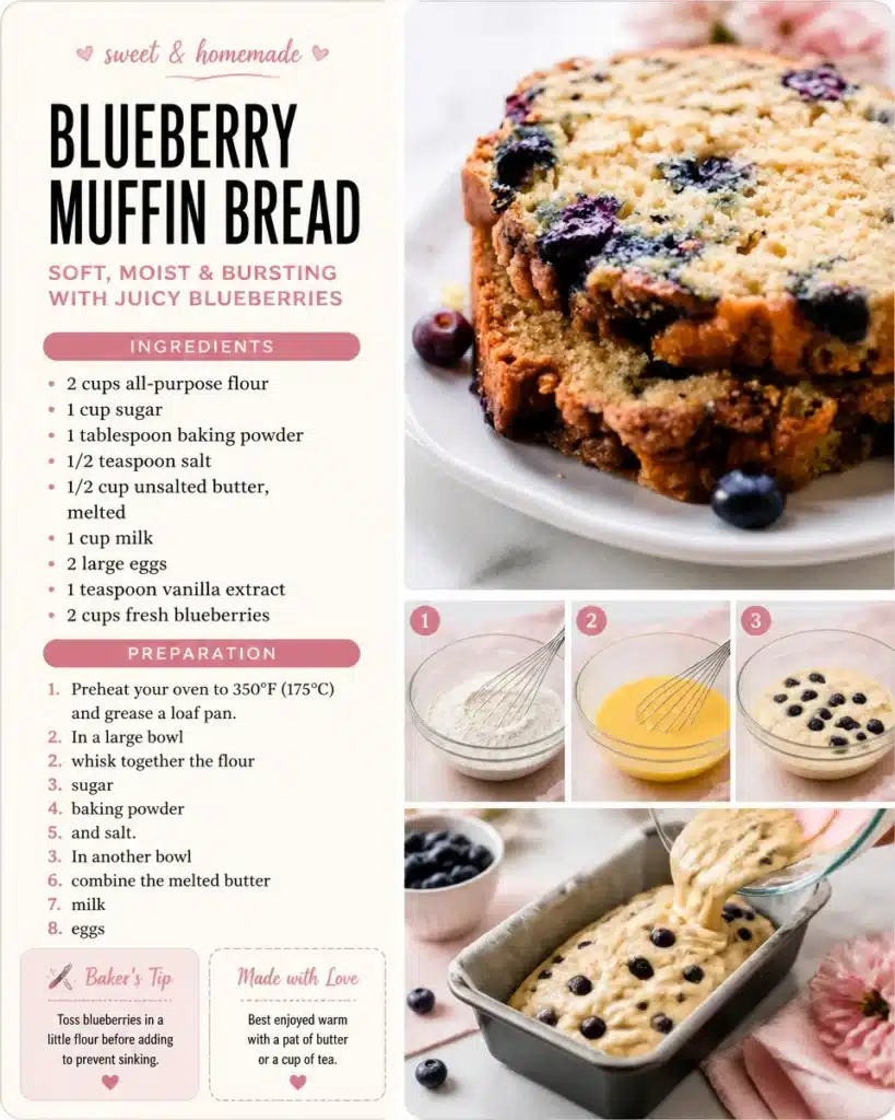 Freshly baked blueberry muffin bread with blueberries on top.