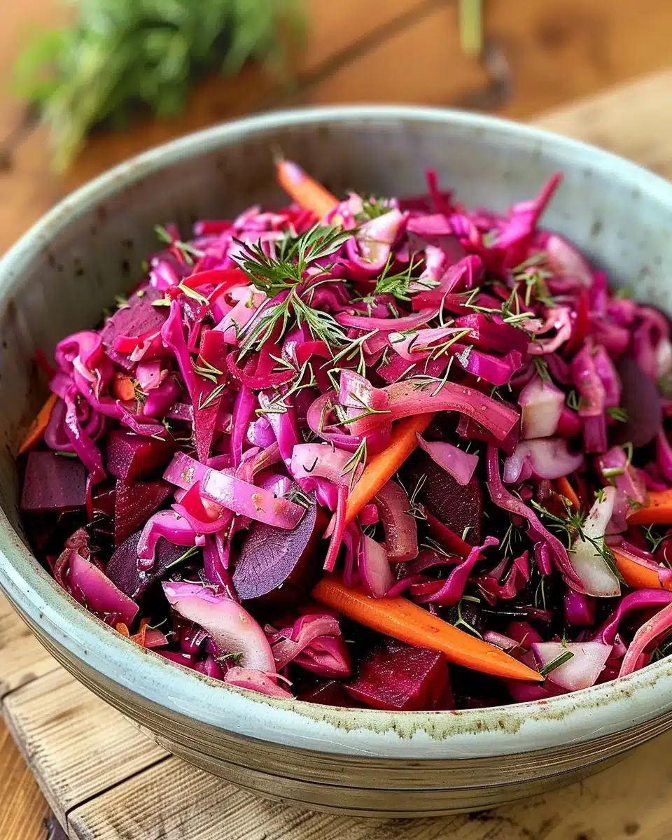 Bowl of vibrant red borscht topped with sour cream and fresh herbs.