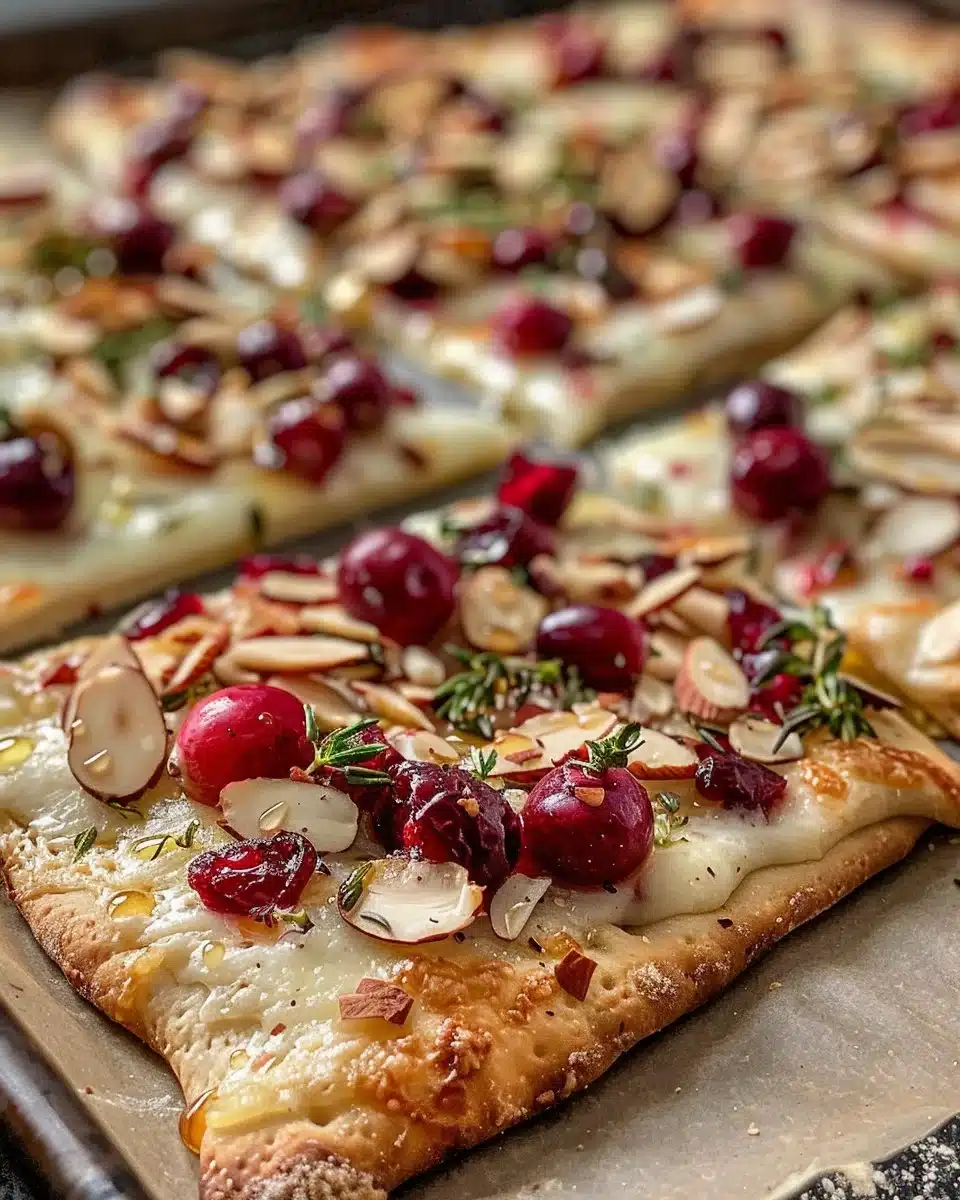Brie and Cranberry Flatbread topped with fresh herbs