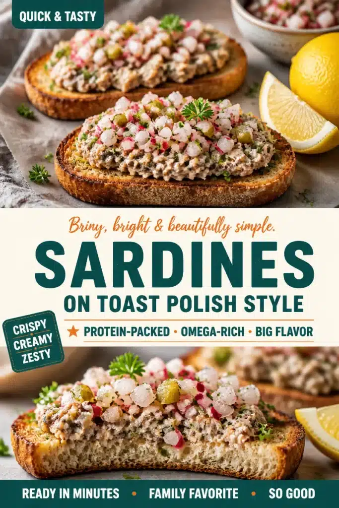 Briny sardines on toasted bread with fresh herbs and lemon