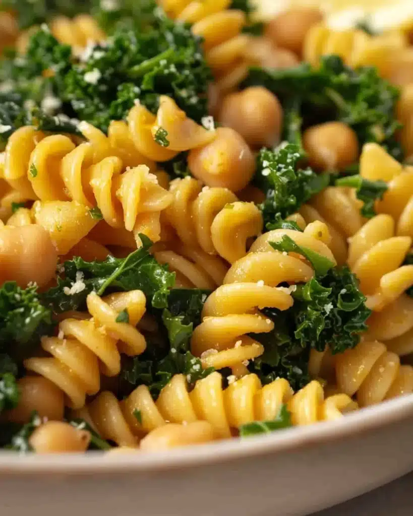 A vibrant bowl of Caesar Kale Pasta Salad featuring fresh ingredients and dressing