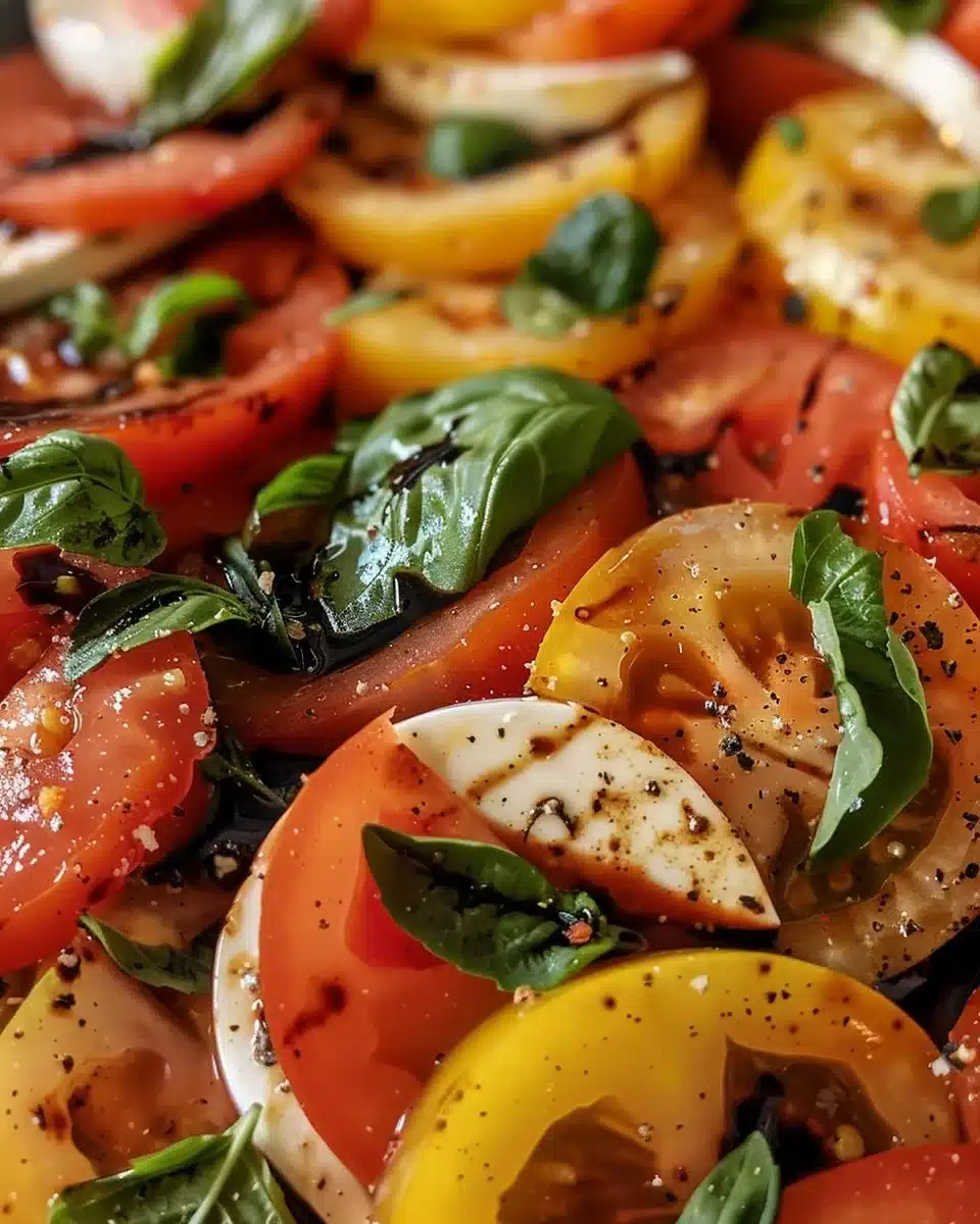 Delicious Caprese Salad topped with a rich balsamic reduction sauce.