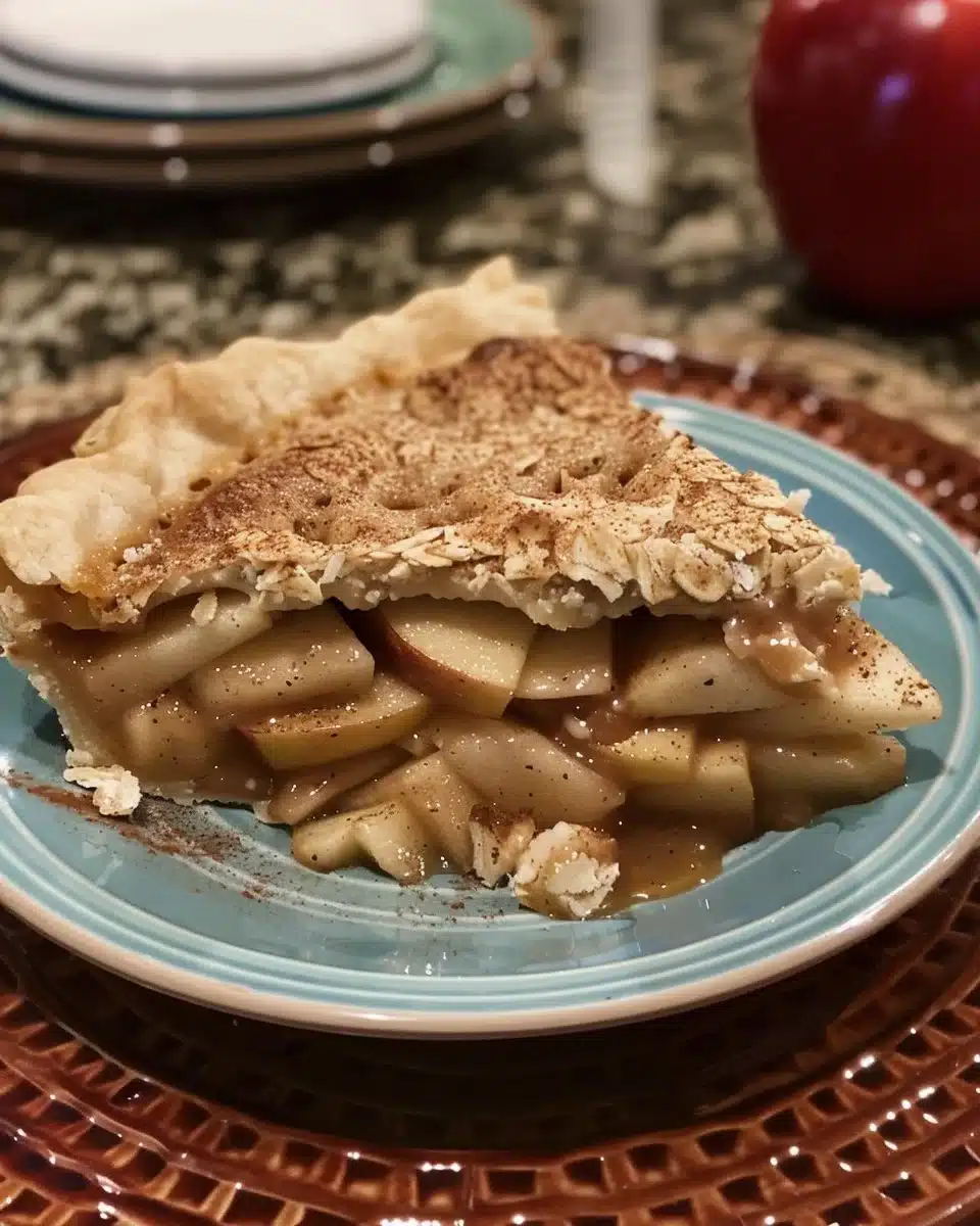 Caramel Apple Crisp baked in a cast-iron skillet topped with caramel sauce