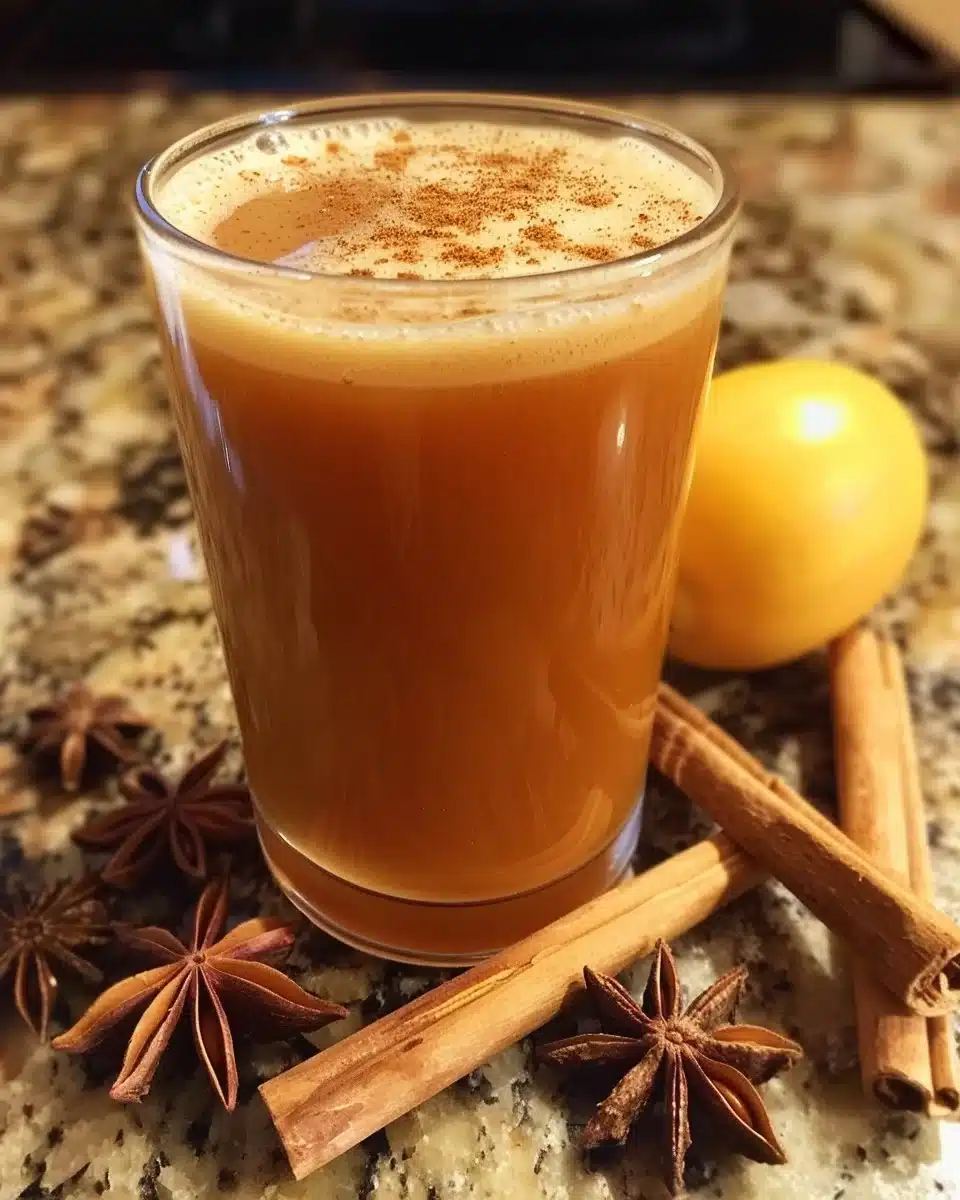 Chai-infused apple syrup bottle with spices and apples