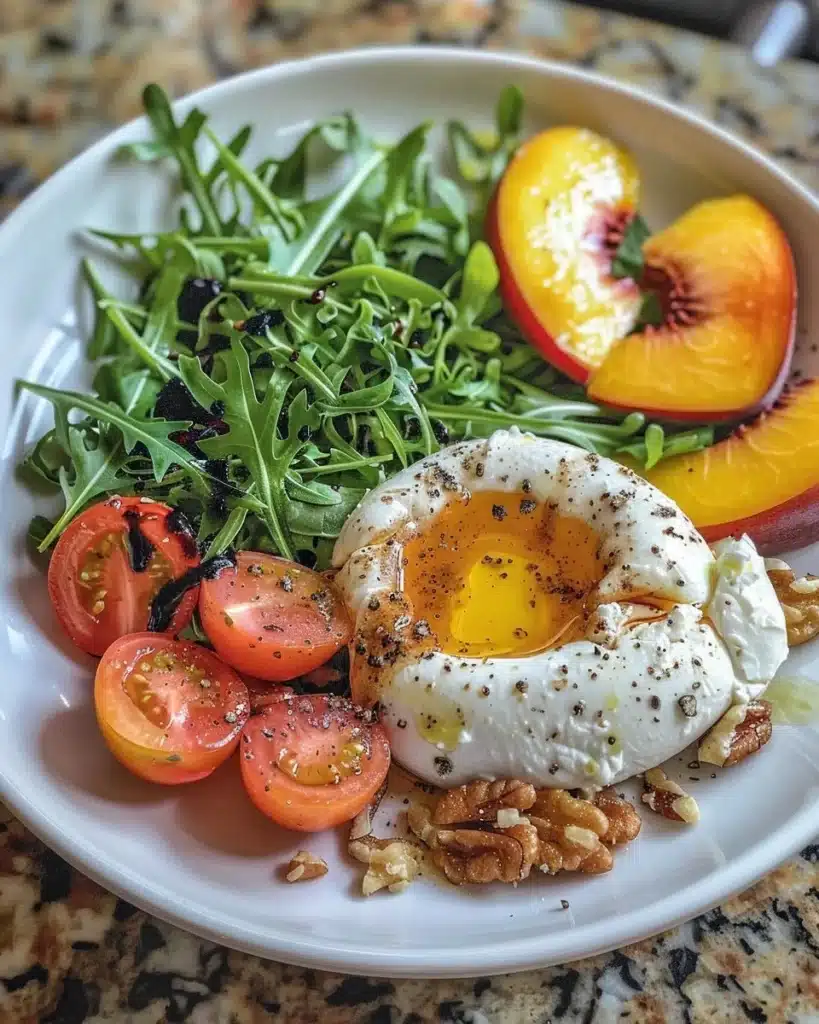 Charred Peach and Burrata Salad with greens and dressing