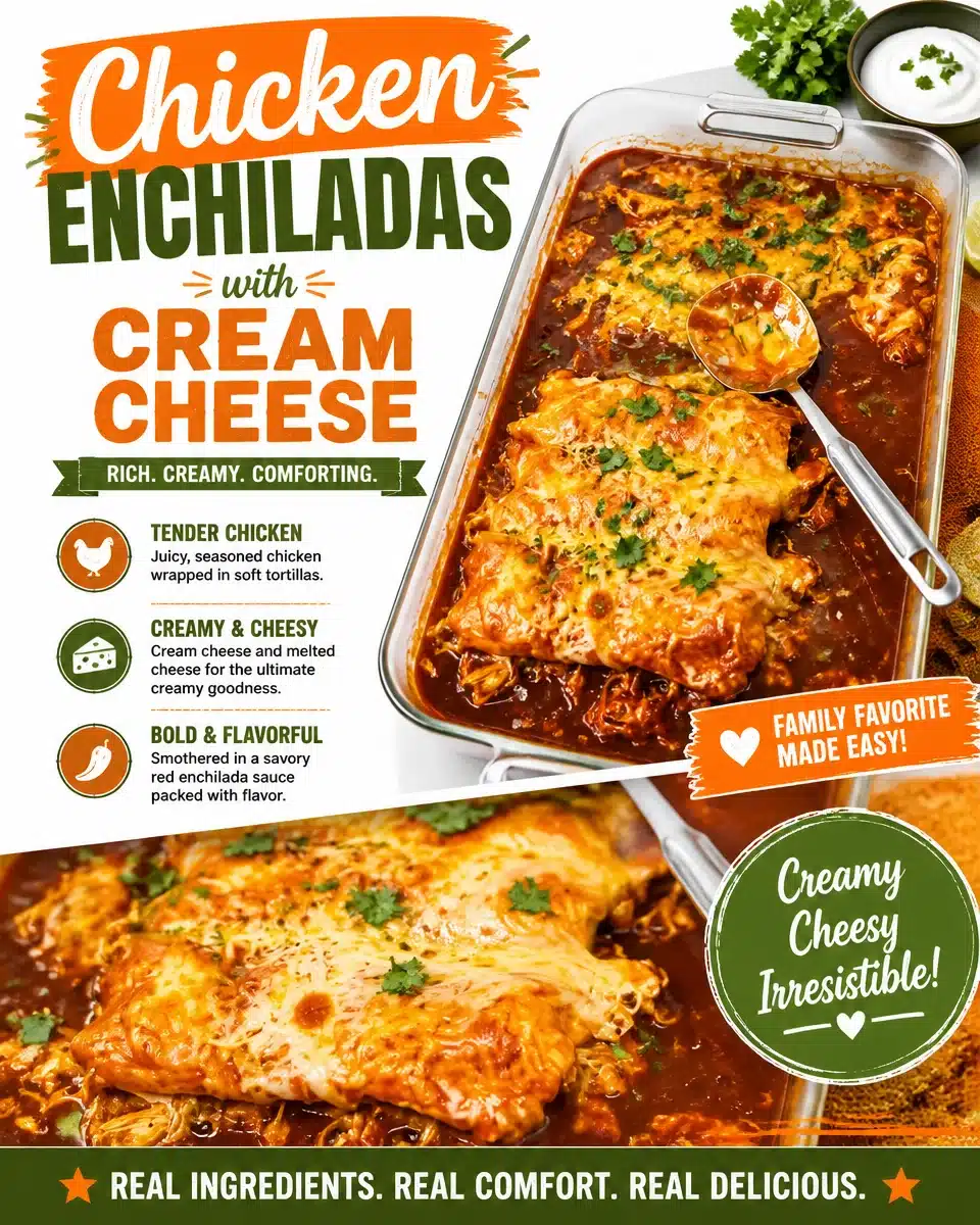 Plate of delicious chicken enchiladas topped with sauce and cheese