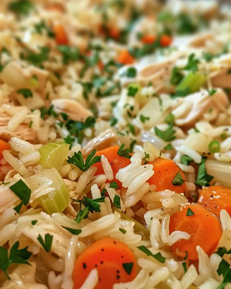 Bowl of Chicken Lemon Rice Soup garnished with lemon slices and herbs
