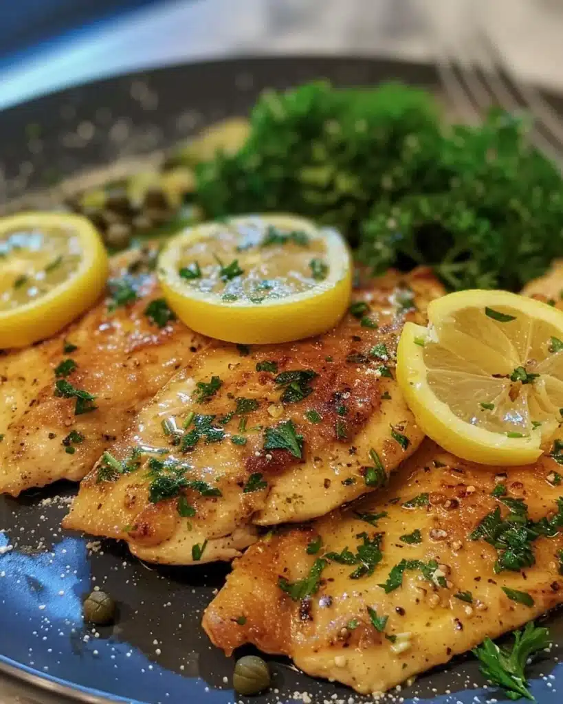 Delicious Chicken Piccata served with lemon and capers on a white plate