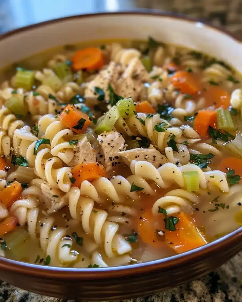 Bowl of homemade chicken soup with vegetables and herbs