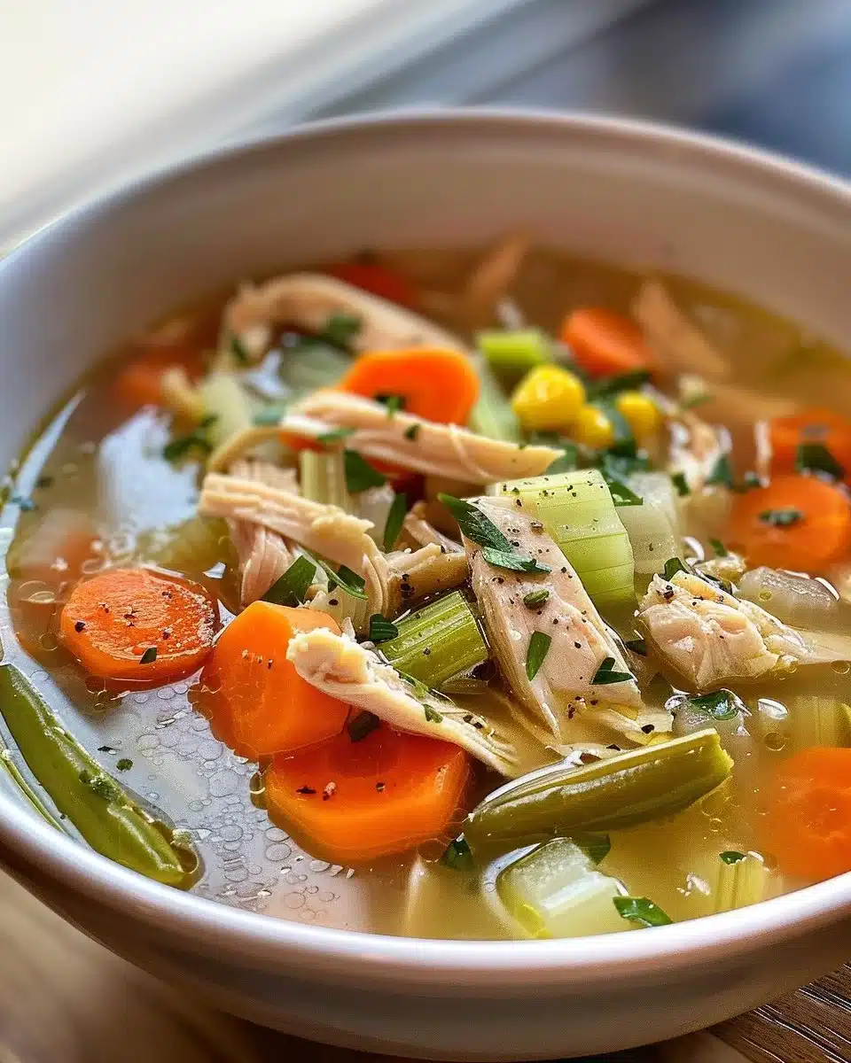 Bowl of delicious chicken vegetable soup with fresh veggies and chicken pieces