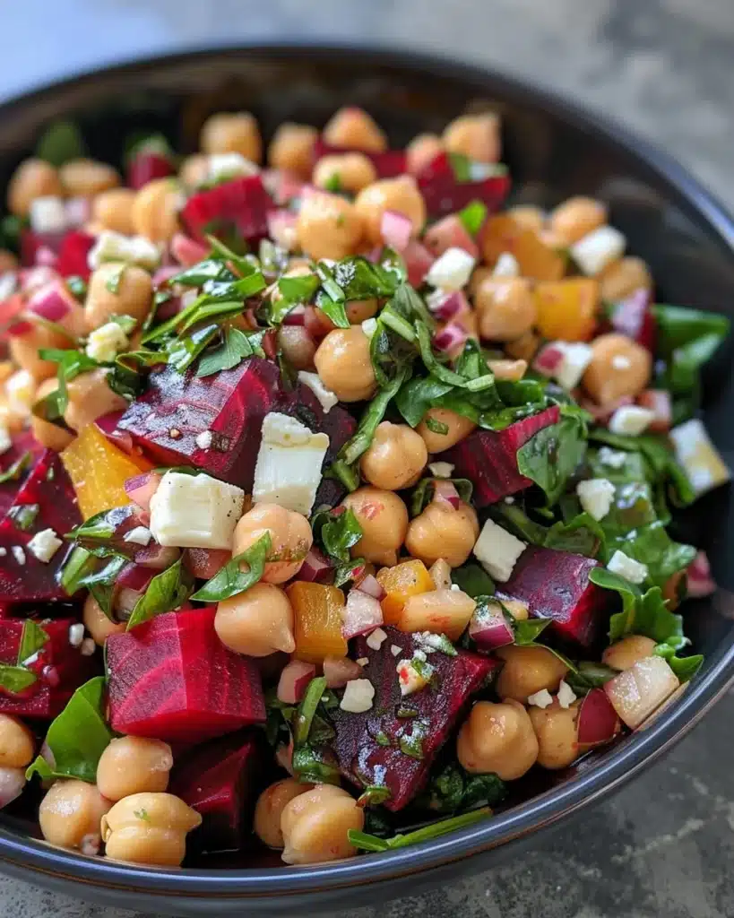 Chickpea beet feta salad with colorful vegetables in a bowl.