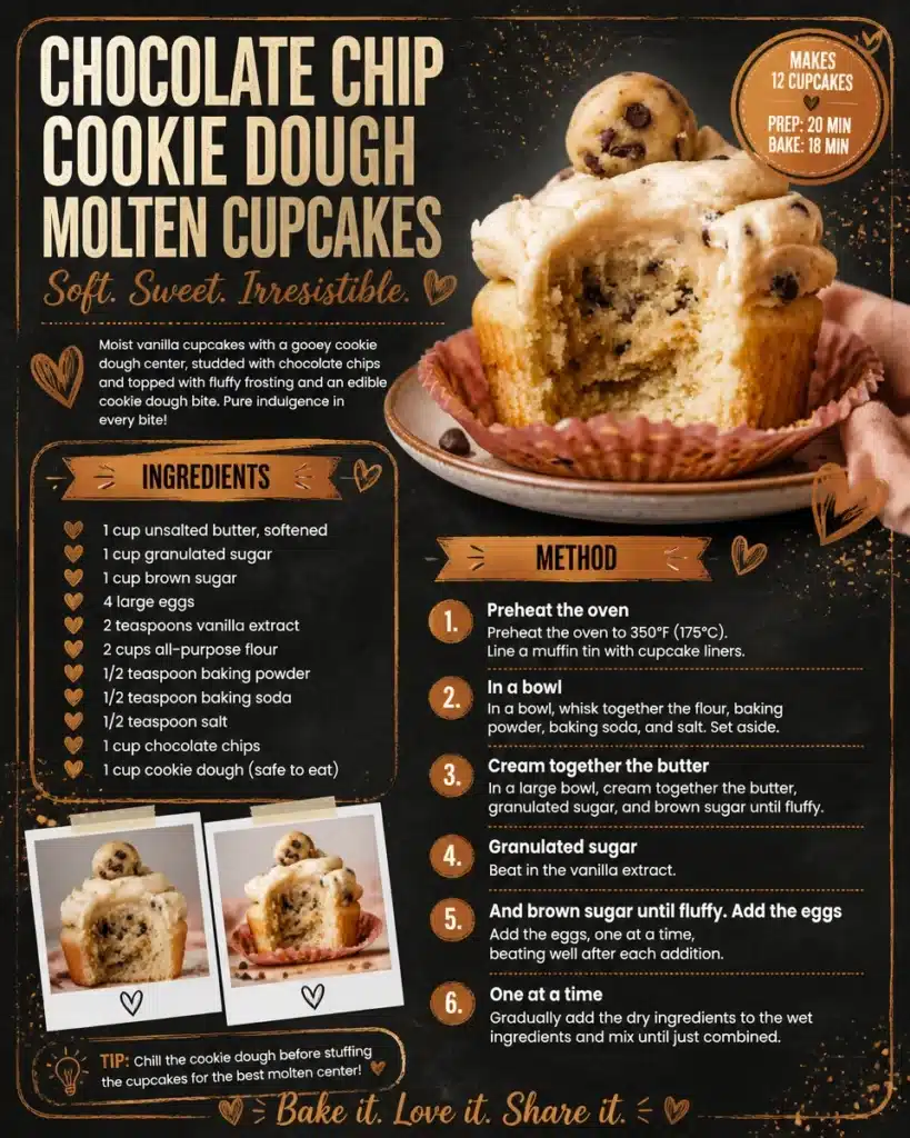 Delicious chocolate chip cookie dough molten cupcakes with gooey centers