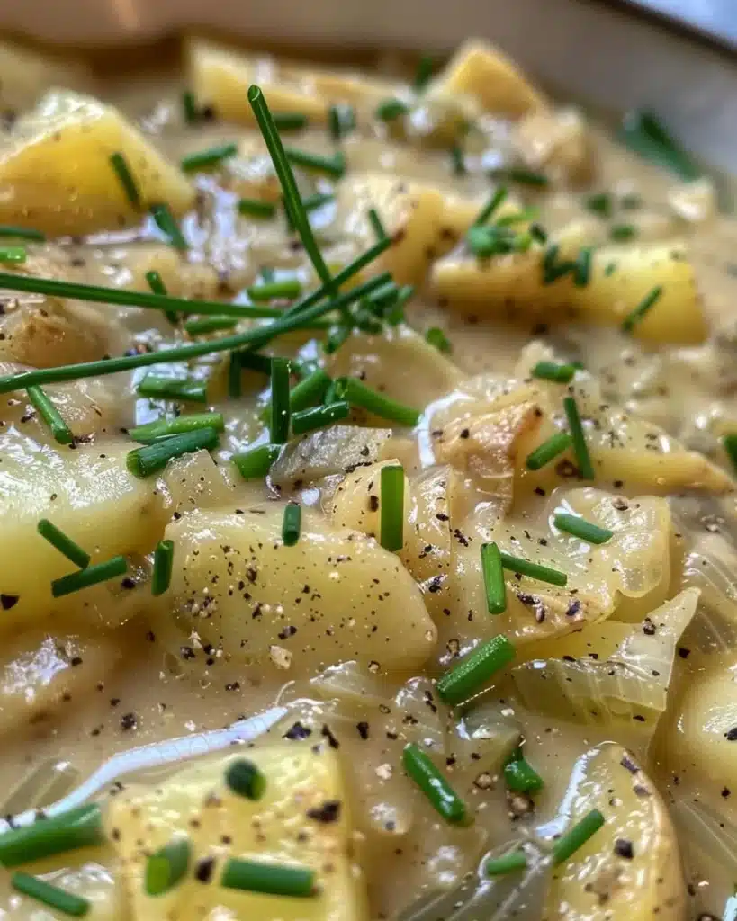 Bowl of classic Vichyssoise Soup garnished with chives and served cold.