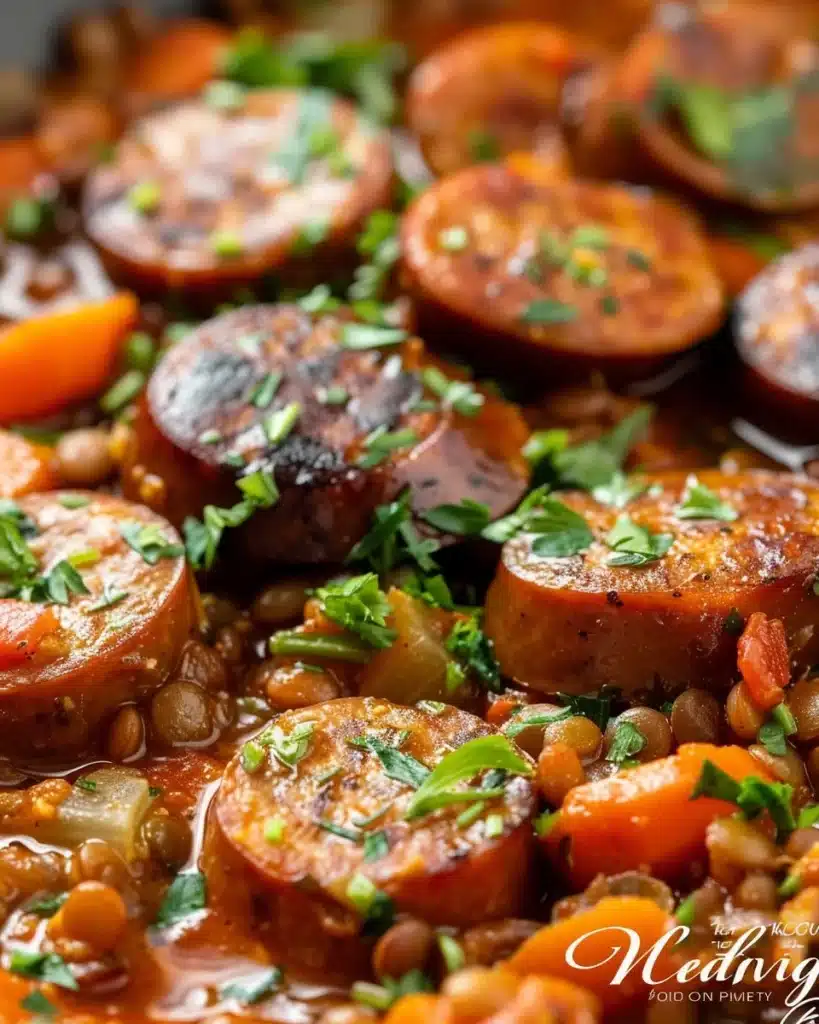 Bowl of comforting lentil soup with andouille sausage and fresh herbs