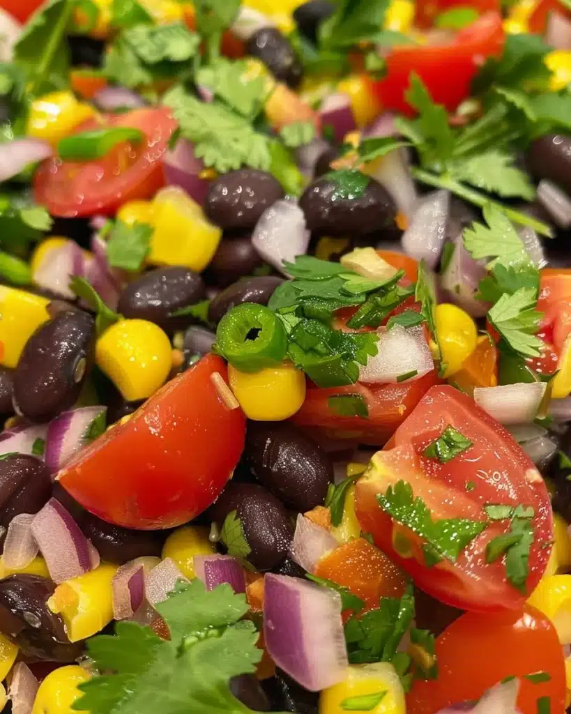 A colorful corn black bean salad served in a bowl, garnished with fresh herbs.
