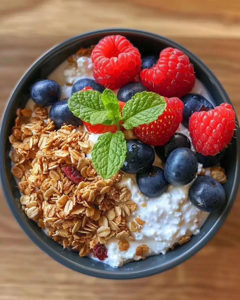 Healthy Cottage Cheese & Berry Power Bowl topped with fresh fruits and seeds.