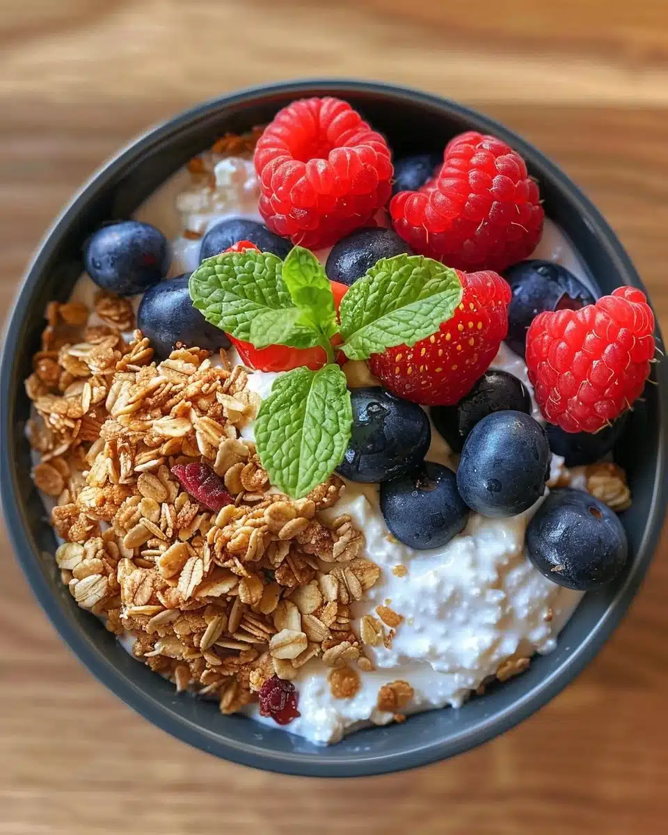 Healthy Cottage Cheese & Berry Power Bowl topped with fresh fruits and seeds.