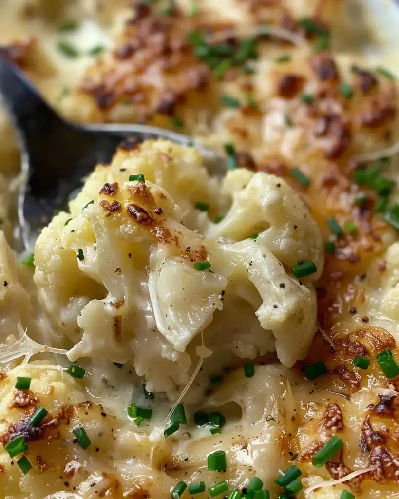 Bowl of creamy cauliflower soup topped with herbs and spices
