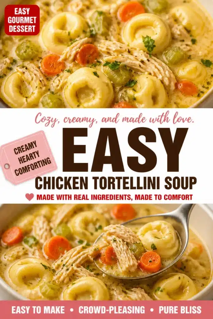 Bowl of creamy cheese tortellini chicken noodle soup garnished with herbs