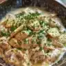 Creamy chicken and mushroom casserole dish ready to serve