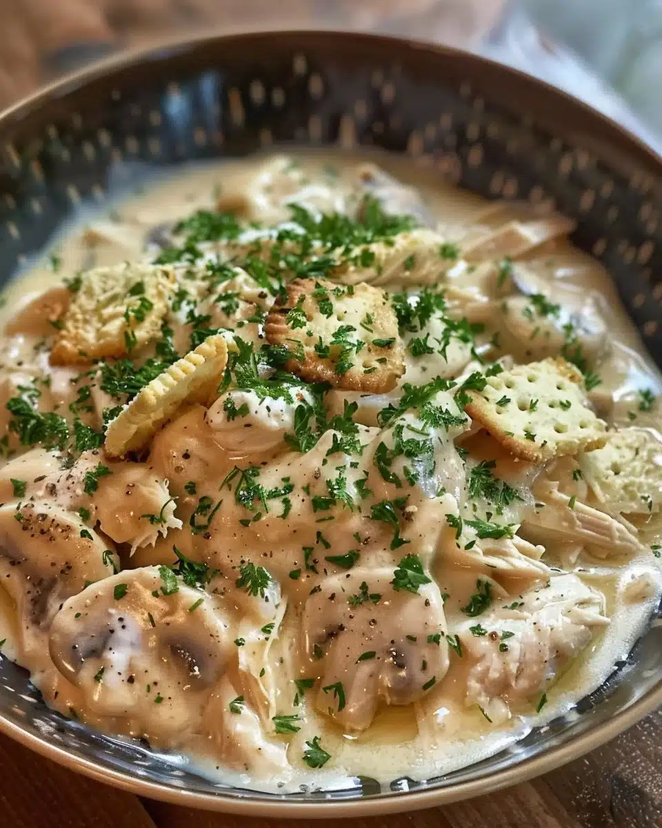 Creamy chicken and mushroom casserole dish ready to serve